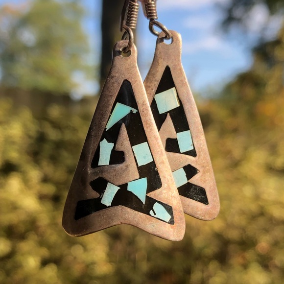 Vintage 925 Taxco Turquoise Inlay Earrings - Picture 7 of 8